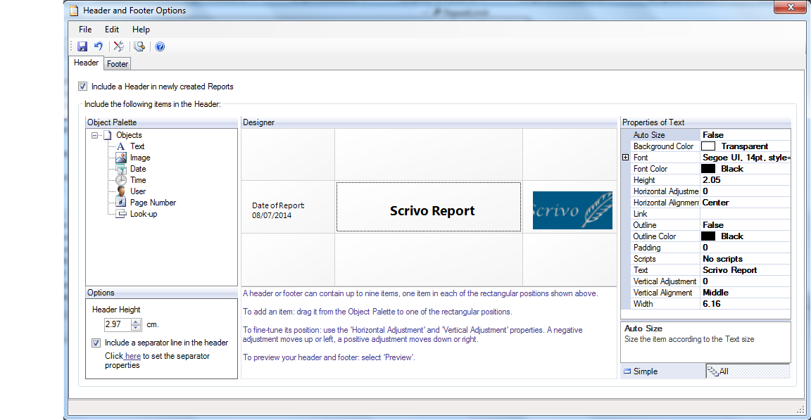 Scrivo Header/Footer Designer